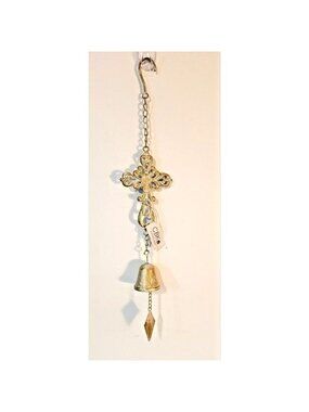 Cast Iron Fleur de Lis Cross w/ Hanging Bell Wind Chime 22" CBK Ganz w/tag